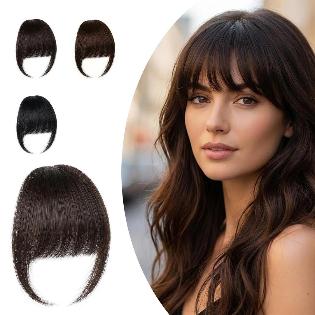 Natural Wispy Bangs Hair Clip, 100% Remy Human Wig, Soft Feathered Fringe with Temples for Instant Face-Framing, Easy Snap-On Hairpiece (Dark Brown)