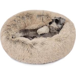 Friends Forever Donut Dog Bed Faux Fur Fluffy Calming Sofa For Medium Dogs, Soft & Plush Anti Anxiety Pet Couch For Dogs, Machine Washable Coco Pet Bed with Non-Slip Bottom, 30"x30"x7" Tan