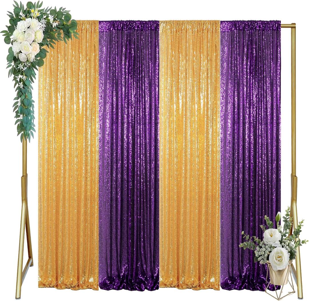 ShinyBeauty Gold Purple Sequin Curtains 4 Panels for Wedding Celebrations Party Decoration Shimmer Glitter Fabric Backdrops