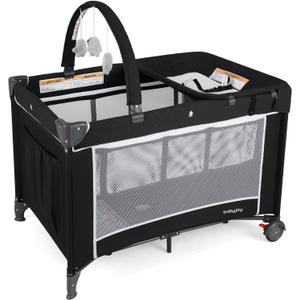 BABY JOY 3 in 1 Pack and Play, Travel Baby Crib Bassinet Bed with Bassinet, Changing Table with Safety Belt, Toy Bar, Lockable Wheels, Portable Baby Playard from Newborn to Toddler (Grey)