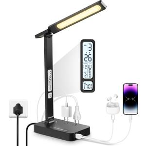 Infiway Desk Lamp with USB Charging Port: LED Eye-Caring Smart Table Light for Home Office - 1 Type-C, 1 USB-A Charging Port, 2 AC Power Outlets (Black-Pro)