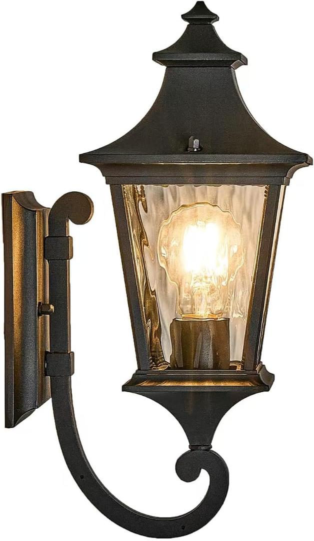 Modern 14.6 Inch Outdoor Wall Sconce Light with Water Ripple Glass in Black Finish, Aluminum Porch Light for Gardens, Garage, Yards and Entryway, E26 Socket