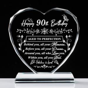 90th Birthday Gifts for Women Men, Laser Glass Heart 90th Birthday Decorations Ideas, Happy Birthday Gifts for 90 Year Old Men Women Husband Wife Mom Dad Friend