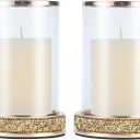 Pillar Candle Holders Set of 2,Hurricane Candle Holders,Candlesticks Holder With Glass Hurricane Lid,Metal Candle Holder For Coffee Dining Table, Wedding, Christmas, Home Decoration,Gold Candle Holder