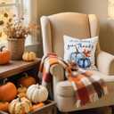 3 x Fall Throw Pillow Cover 18x18 Inch  White Linen Cushion Cover with Blue Pumpkins and Golden Leaves  Double-Sided Print, Autumn Thanksgiving Decorative Pillowcase for Sofa, Couch, Bed