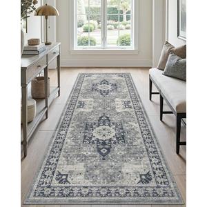 DEXI Hallway Washable Runner Rug 3x8, Vintage Soft Thin Kitchen Runner with Non Slip Backing, Farmhouse Entryway Floor Rug, Stain Resistant Distressed Carpet for Bedroom Living Room, Blue Grey