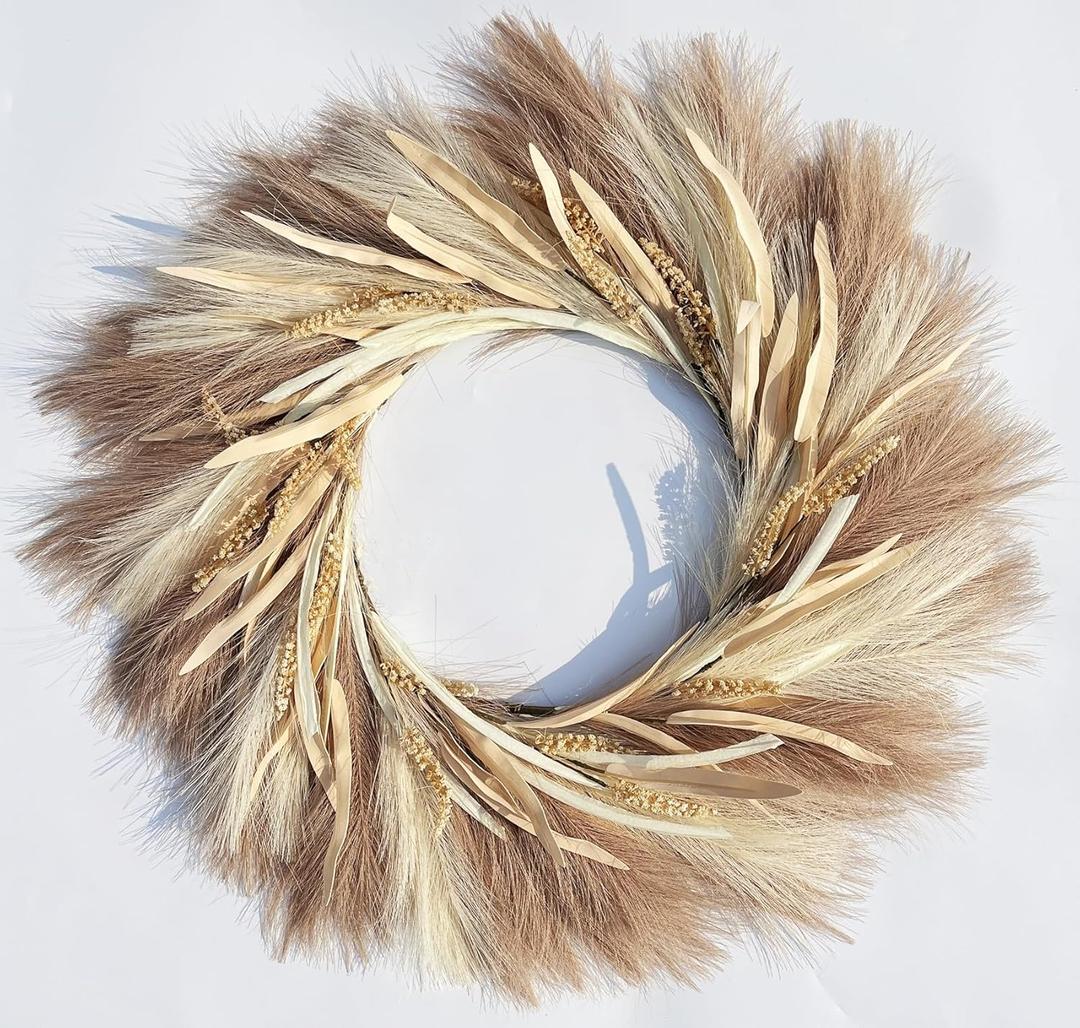 Pampas Grass Wreath, 27 inch Faux Pampas Wreath/Fall Wreath, Boho Wreath, Front Door Wreaths for All Seasons, for Farmhouse Decor, Boho Wall Decor