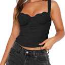 REORIA Women's Summer Sexy Square Neck Sleeveless Going Out Trendy Lace Bustier Tank Crop Tops (Large, Black)