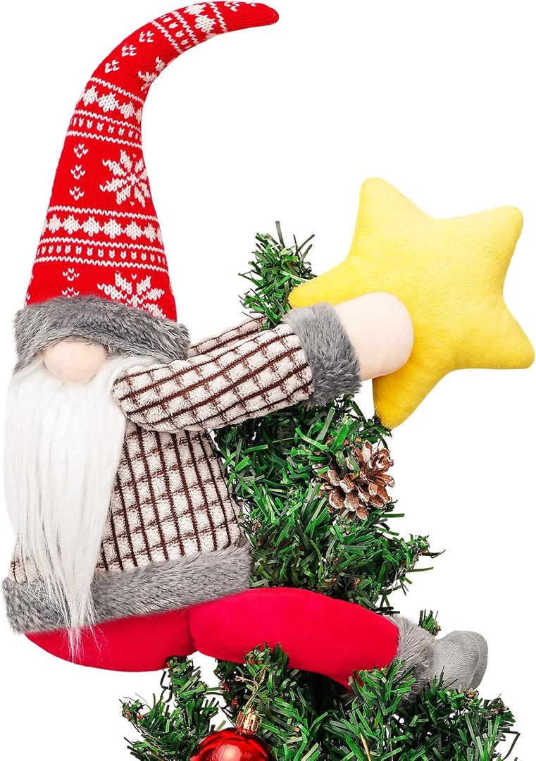 FIREOR Gnome Christmas Tree Topper Decorations Gift, Handmade Large Plush Dwarf Ornaments with Star Red Plaid Hat Xmas Home Holiday Party Decor Scandinavian Swedish, Curtain Tie Bottle Decoration