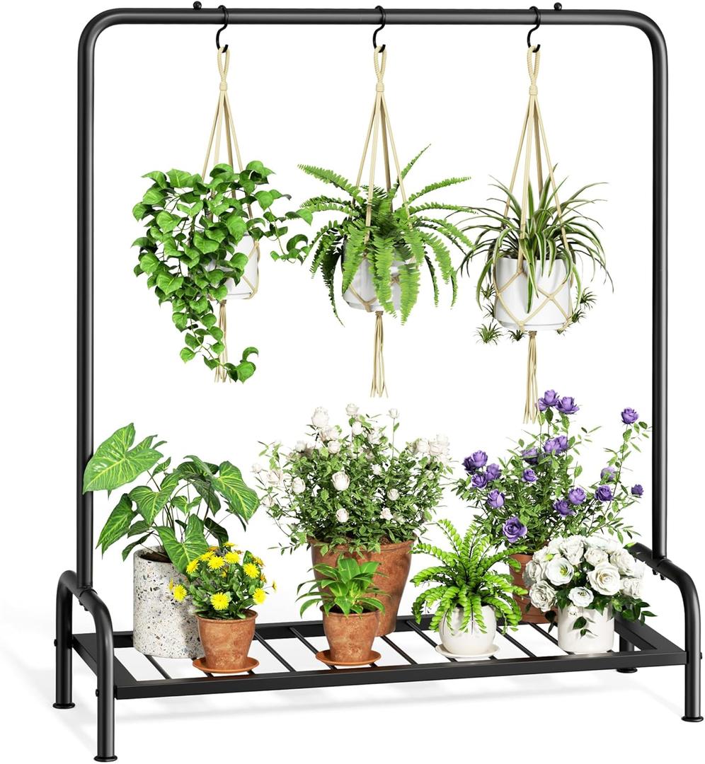 Plant Stand Outdoor Tall 40'' Plant Shelf For Patio Metal Plant Rack Flower Pot Clearance With 3 Hooks (32"D x 13"W x 40"H)