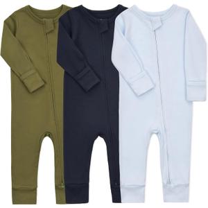 Aablexema Baby Cotton Fooltess Pajamas with Mitten, 3-pack Infant Romper Zip Up One Piece Jumpsuits Outfit (6-12 Months, Navy& Olive& Light Blue)