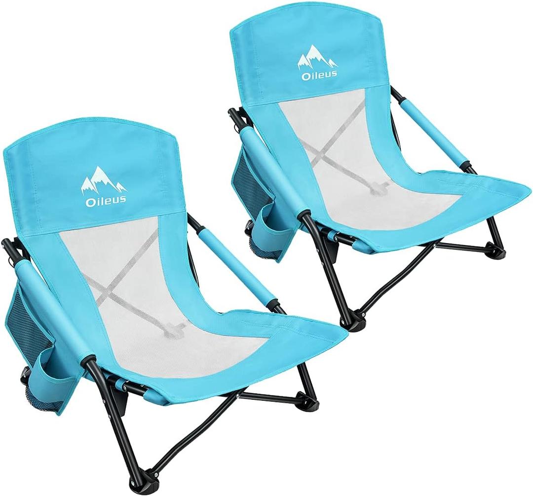 Oileus Low Beach Chair for Beach Tent/Shelter/Camping/Outdoor Ultralight Backpacking Folding Recliner Chairs with Cup Holder/Storage Bag, Carry Bag, Breeze Mesh Back, Compact Duty 2 Pcs