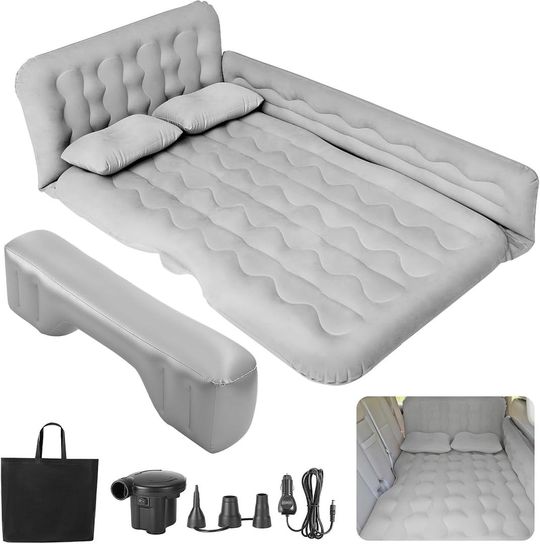 SUV Air Mattress - Thickened Double-Sided Flocking Travel Inflatable Mattress Bed With Electric Air Pump and 2 Pillows for Car, Home, Outdoor and Travel - Grey