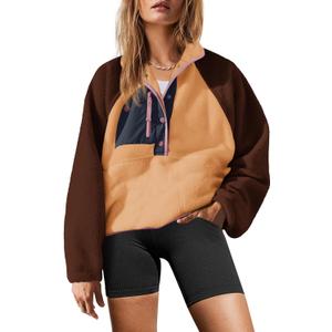 Yanekop Womens Fuzzy Fleece Pullover Sherpa Sweatshirt Long Sleeve Button Down Sweater Winter Fleece Jacket with Pockets (Large, Brown Light Orange)