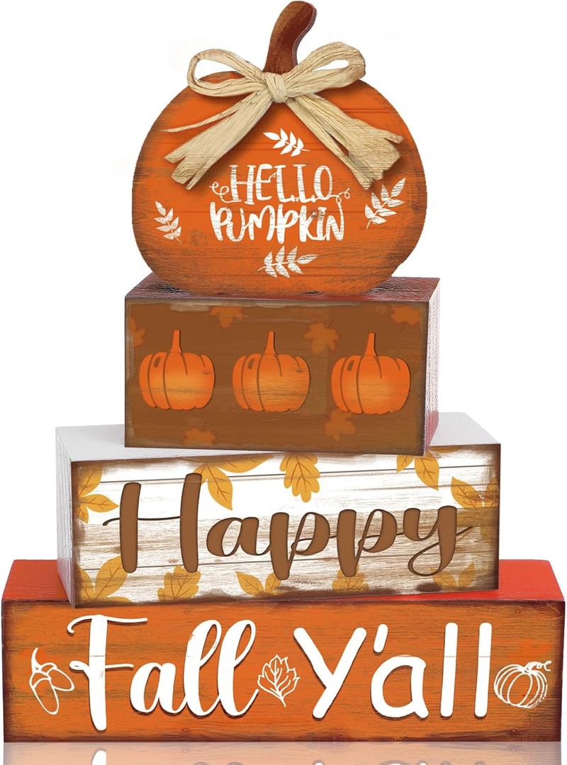 4 Pcs Fall Thanksgiving Decor for Home Hello Pumpkin Wooden Signs with Blessed Autumn Tiered Tray Decor Farmhouse Pumpkin Table Centerpiece Maple Leaf Block Signs for Thanksgiving Office Kitchen Shelf