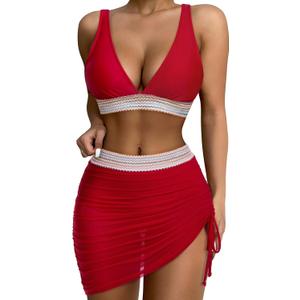 SUUKSESS Womens High Waisted Bikini Sets with Skirt Sexy Color Block Swimsuits (Medium, Red)