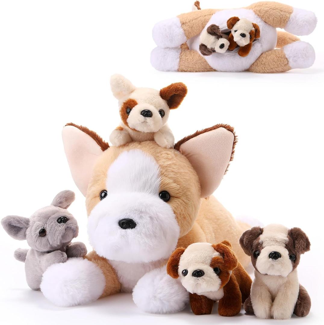 Skylety 5 Pcs Dog Stuffed Animal Puppy Stuffed with Babies Inside 1 Big Mommy with 4 Mini Baby Cute Soft Toy for Children Birthday Party Adopt a Puppy Favor(Classic Style)