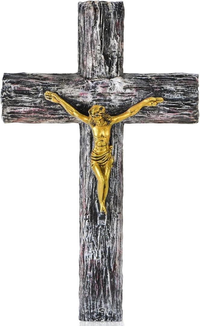 NCPLYGOU Crucifix Wall Cross, Catholic Cross for Wall with Metal Hook, Layered Wood Like Resin Crosses Wall Decor for Church Office Home Baptism, Jesus Wall Art Christian Gifts