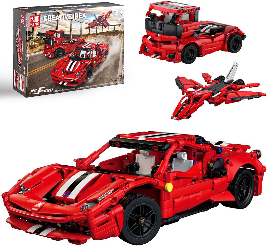 Mould King 3in1 Car Building Blocks, 718PCS, Large, Unisex, Age 8+, Requires Assembly, AA/AAA Batteries, Automatic Operation, Race Car, Truck, Airplane Jet