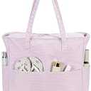 Bluboon Waterproof Beach Tote Pool Bags for Women Ladies Extra Large Carry On Bag With Wet Compartment for Weekender Travel (A Checked Brown White)  17.5*7.87*15.75