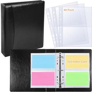 BYSTER 3x5 Index Card Holder, 40 Pack 160 Pockets A5 Binder Index Card Sleeve Pages, Ultra-Clear Protective Sleeves Faux Leather Index Card Binder for Photos, Seed Packets & Note, Side Loading (Black)