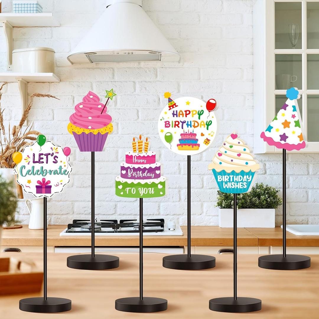DoubleFill 6 Pcs Colorful Birthday Party Decoration Happy Birthday Table Standing Sign Decor for Centerpieces Celebration Wooden Sign Single-sided Printed Tabletop Decor for Party Favor Supplies