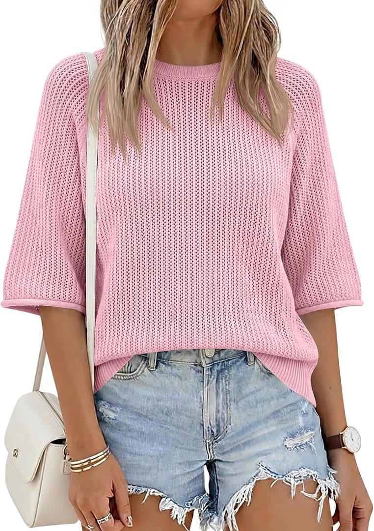 Saodimallsu Womens Short Sleeve Sweaters Crochet Knit Casual Crew Neck Lightweight Summer Trendy Sweater Tops (Pink, S)