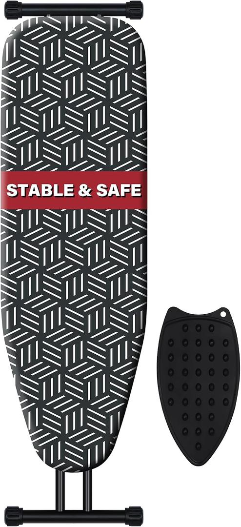 caius Ironing Board with Extra Thick Heavy Duty Padded Cover, Full Size Iron Board, Full Metal Construction, Easy to Fold, Adjustable Height (43x13in Black)