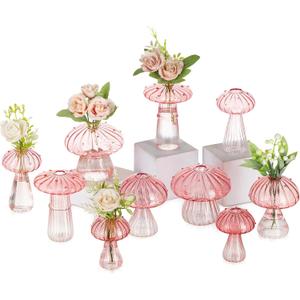 Glasseam Pink Glass Mushroom Vase: Cute Small Flower Vase Set of 10 Unique Mini Bud Vases for Centerpieces Decorative Vases for Flowers Funky Plant Vase Decor