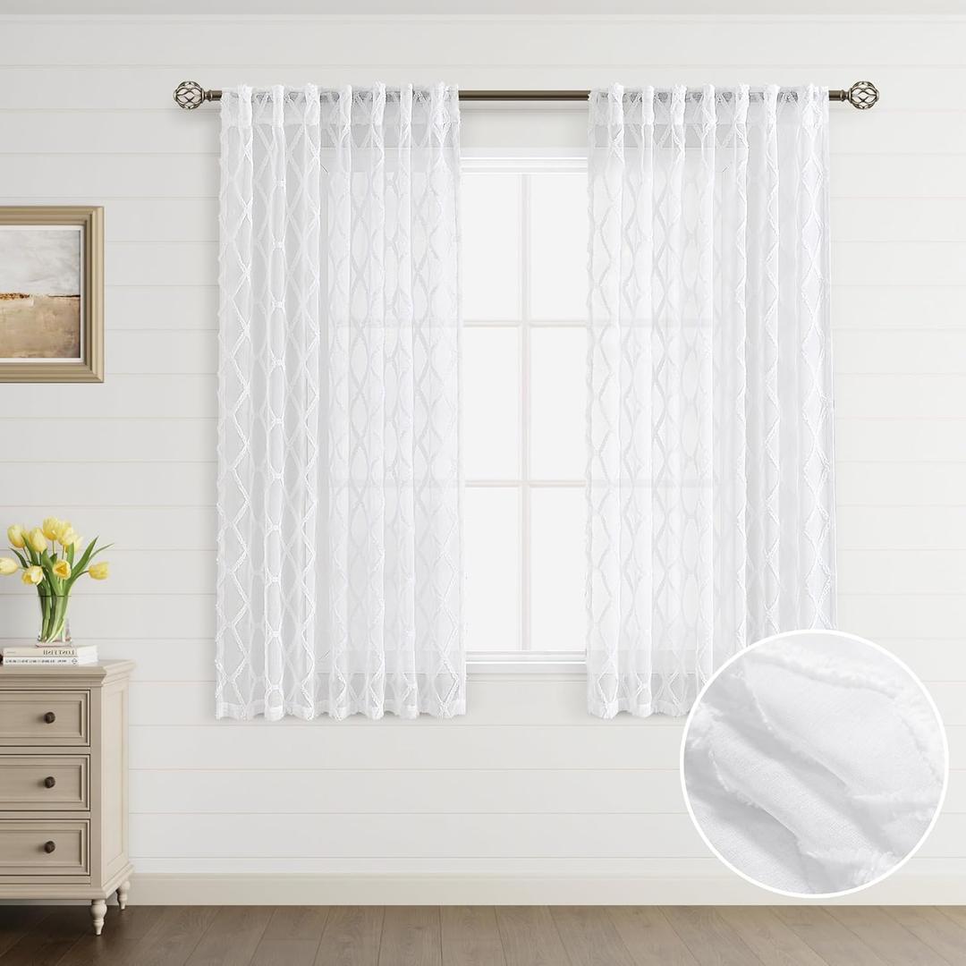Short White Sheer Curtains 40x60 Inch 4 Panels for Small Bathroom Basement Short Embroidery Shabby Chic Window Treatment Back Tab Window Semi Voile Textured Curtains