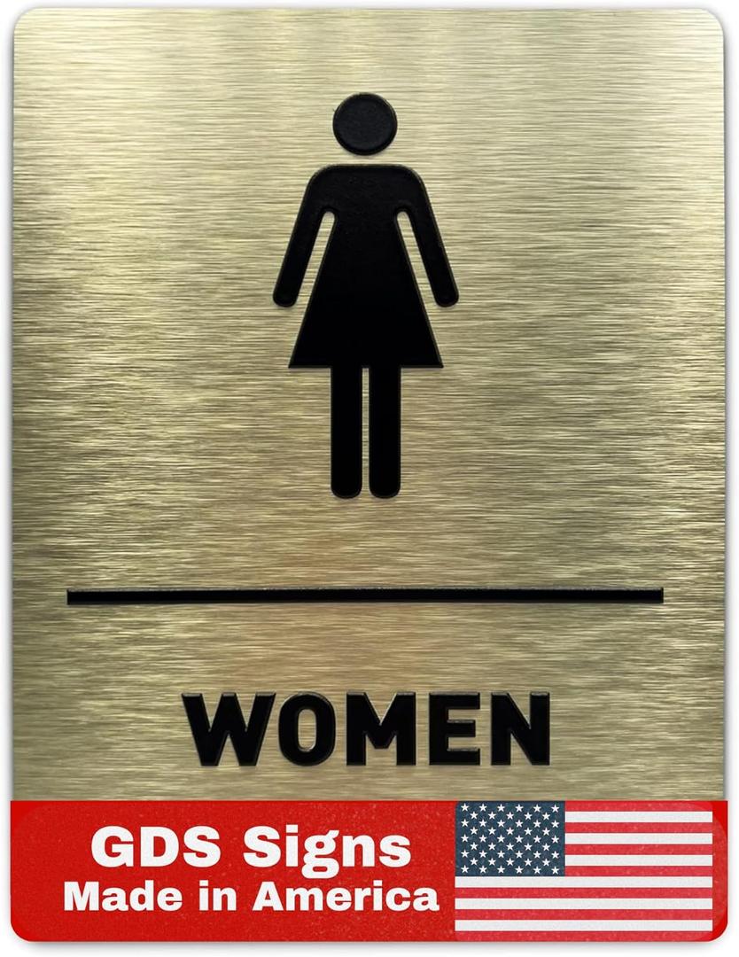 Women Bathroom Sign by GDS - ADA Compliant, Wheelchair Accessible, Raised Icons, & Grade 2 Braille - Includes Adhesive Strips for Easy Installation - Bathroom Signs for Business, Restroom sign, Restroom Signs for Business - 6" W x 8" H (Brushed Gold) - Made in USA