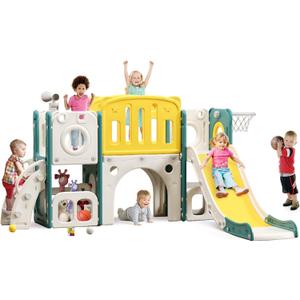 MOCUTEEN 8-in-1 Toddler Climber and Slide Playset with Basketball Hoop - Indoor/Outdoor Playground Gym Activity Center for Kids
