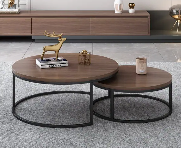 2-piece Round Nesting Tables Modern Wood Gray & Black Round Nesting Coffee Table for Living Room