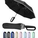 SIEPASA Travel Umbrella with Carabiner Handle - Windproof 10 Ribs Auto Open/Close for Rain & Sun Protection, Compact Portable Clip-on Backpack Design with Safety Reflective Strip.(Black)