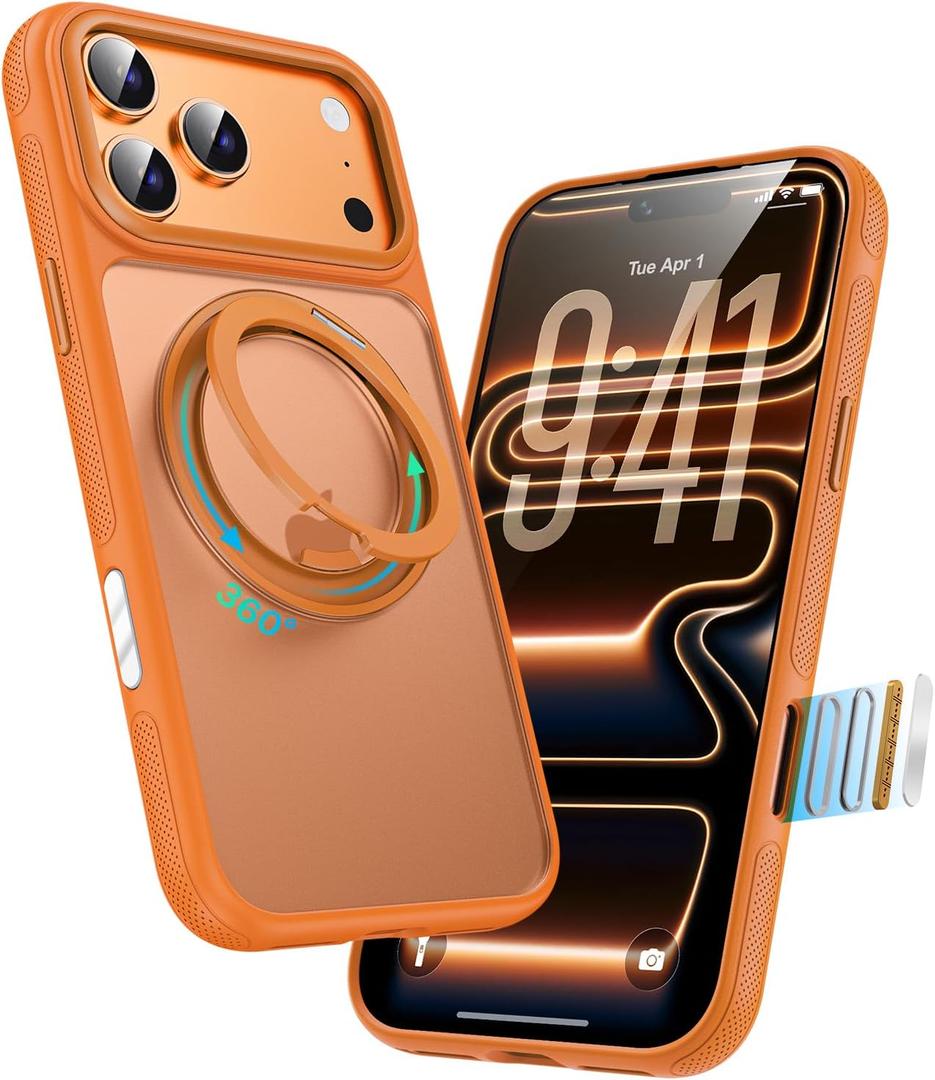 for iPhone 17 Pro Max Case, Compatible with MagSafe, Slim Shockproof Military-Grade Rugged Protective Case with Stand, Camera Control, Comfort Grip (D-Orange, iPhone 17 Pro Max)