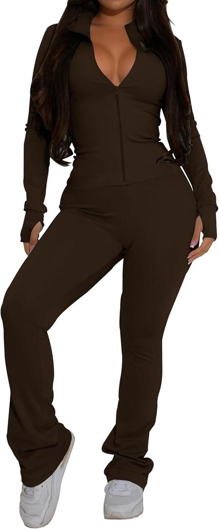 PINSV Women's 2 Piece Outfits Long Sleeve Zip Up Jacket Flare Pants Matching Tracksuit Set (Large, Brown)