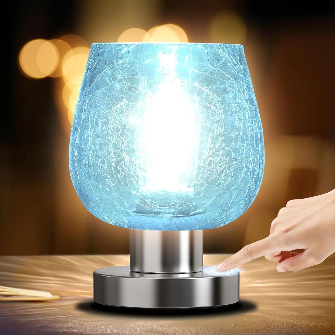 Touch Bedside Table Lamp for Bedroom, Vintage Small Touch Lamp for with Decorative Glass, Warm LED Bulb, 3 Way Dimmable Warm Light for Nightstand Living Room Desk,Ideal Gifts for Most HolidayBlue