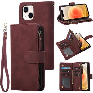 RANYOK Wallet Case Compatible with iPhone 13/14 (6.1 inch), Premium PU Leather Zipper Flip Folio Wallet RFID Blocking with Wrist Strap Magnetic Closure Built-in Kickstand Protective Case (Wine Red)