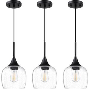 3 Pack 1 Light Kitchen Island Indoor Pendant Ceiling Light 6.11" Clear Seeded Glass Shade Fixture,Adjustable Cord Black Finish for Bar,Dining Room,Over Sink Bedside