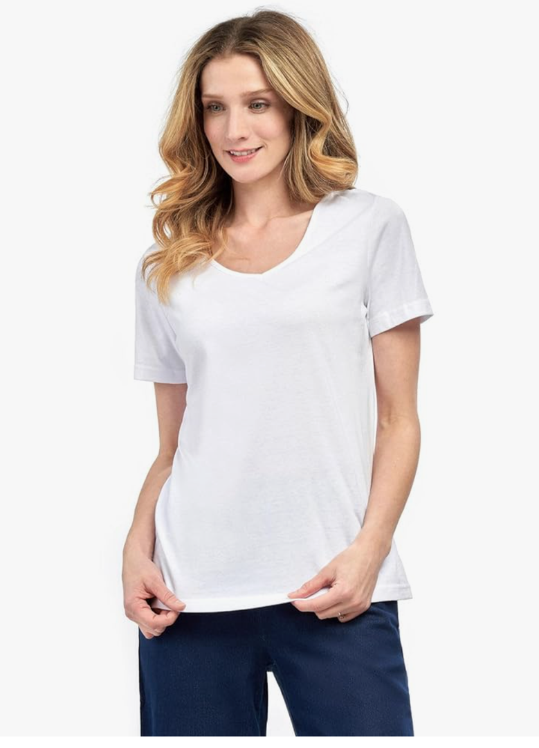 Turtle Bay New York Women's Perfect Short-Sleeve V-Neck Tee Shirt - Cotton Blend and Wrinkle Resistant (White, XL)