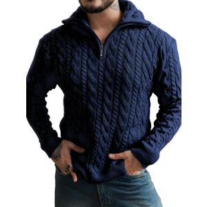 Yousify Mens Quarter-Zip Pullover Sweater Casual Mock Neck Cable Knitted Winter Warm Chunky Polo Sweaters (Blue, M)