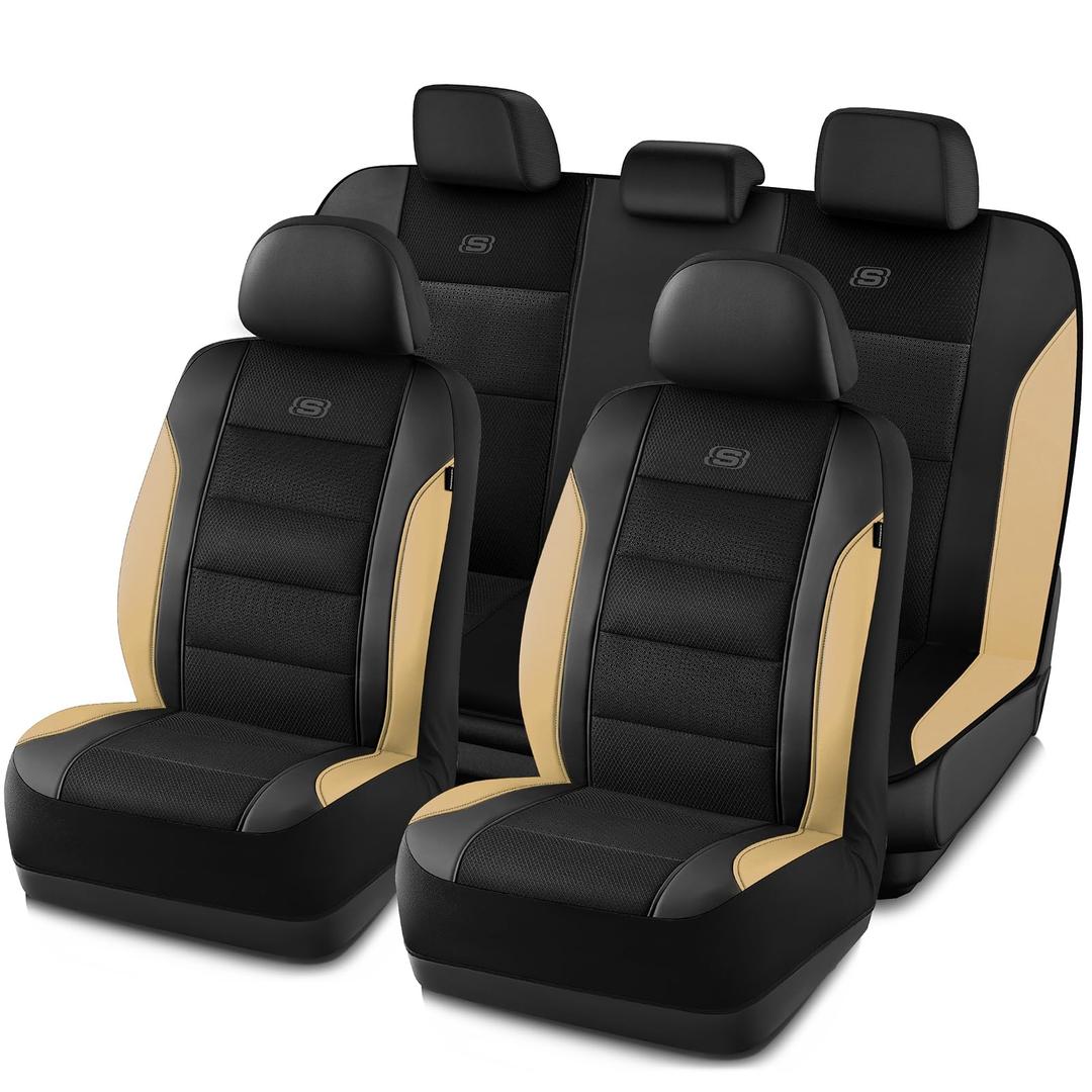 Skechers Aircooled & Memory Foam Seat Covers,Premium Leather with EVA Mesh Car Seat Covers,Seat Cover Full Sets,Airbag Compatible Automotive Comfort for Most Cars, Vans, Trucks, SUV,Black