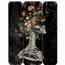 Flooreal Gothic Wall Art Home Decor Skeleton Picture Floral Sugar Skull Painting H16inch Black Dark Eclectic Wood Prints with Spooky Flower Aesthetic Vintage Style Artwork Plaque for House 1pc