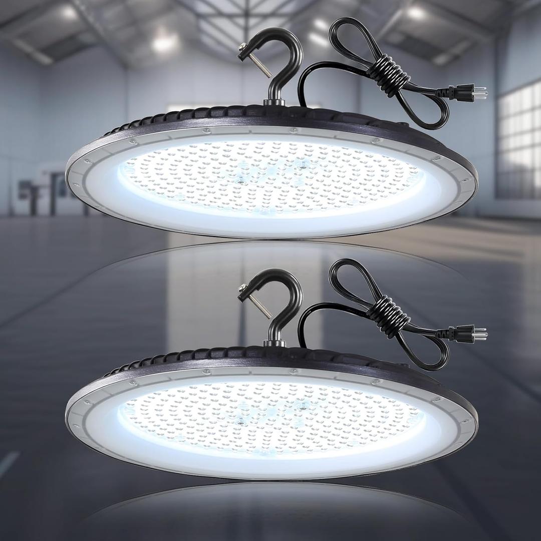 150W LED High Bay Lights with US Plug, 21000LM High Bay LED Shop Light, 5000K Daylight, IP65 Waterproof, UFO Commercial Warehouse Workshop Factory Barn Garage Lighting 2 Pack