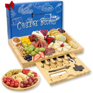 Bamboo Charcuterie Board Set, Rectangular Cheese Board, Hidden Cutlery Drawer, Perfect for Entertaining, Housewarming, Weddings Gifts