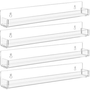 4 Pack Clear Nail Polish Rack Wall Mounted,15 inch Invisible Acrylic Floating Bookshelf,Small Toy Storage Wall Shelf Modern Picture Ledge Vinyl Record Display Shelf Holder