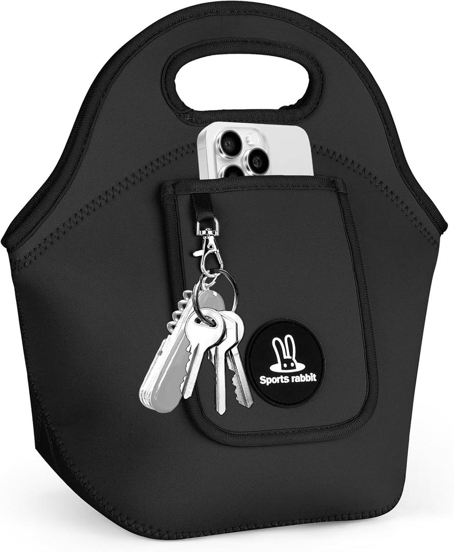 Sports rabbit Insulated Neoprene Lunch Bag for Women Foldable Lunch Tote with Front Pocket for Phone & Keys Reusable, Lightweight, Waterproof, Easy Clean Ideal for Work, Travel, Picnic (Black)