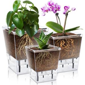 Self Watering Pots Set, 3 Pack 5/4.1/2.7 Inch Self Watering Pot for Indoor Plants, Clear Flowers Pot Planter with Deep Reservoir for Spider Plant, Orchid, African Violet (Large, Medium, Small)