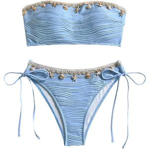 ZAFUL Women Strapless Bandeau Bikini Shell 2 Piece Swimwear Cheeky Solid Lace up Pom Bathing Suits (Medium, 4-1blue)