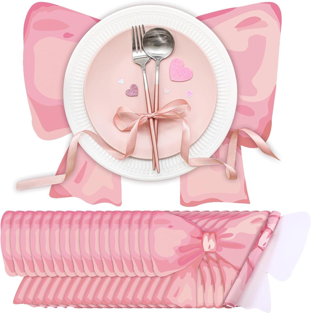 Tinlade 50 Pack Disposable Bow Placemats Coquette Bow Table Mats Slice 13.8 Inches Decorative Paper Placemats for Birthday Bridal Wedding Party Table Setting (Pink)